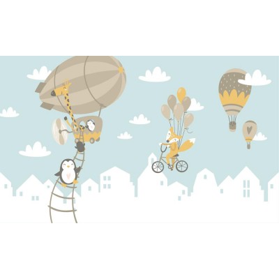 Balon Uçak ve Sevimli Hayvanlar Bebek 3 Boyutlu Duvar Kağıdı 